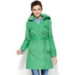 NWOT Tommy Hilfiger Green Hooded Double-Breasted Belted Trench Coat  Petite XS